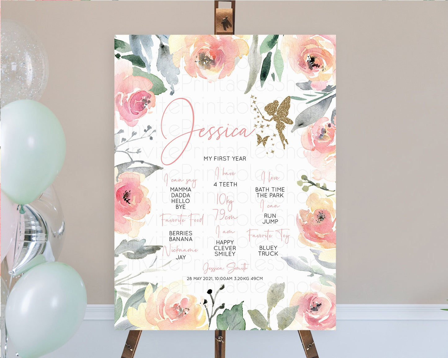 Fairy First Birthday Milestone Poster Fairy Secret Garden Milestone Board Enchanted Garden Pastel Floral Butterfly 1st Birthday Sign D10779