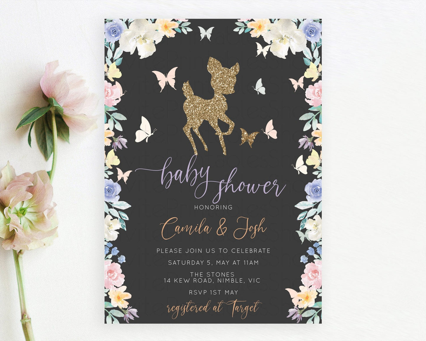 Fawn Baby Shower Invitation Deer Baby Shower Invites Enchanted Forest Theme Butterfly Pastel Flowers Whimsical Baby Shower D10323