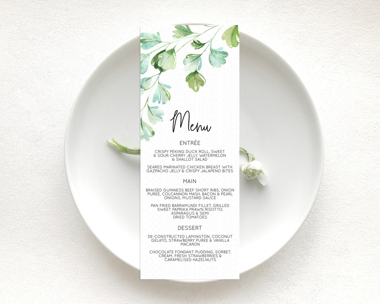 Leafy Menu Green Leaf Menu Template Eucalyptus Fern Leaves Decor Watercolor Boho Garden Leaf Branch Dinner Dessert Party Food Menu D11057