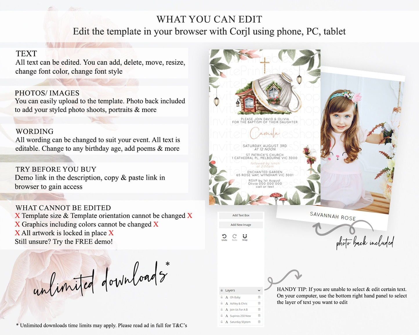 Fairy Baptism Invitation Fairy Baptism 1st Birthday Invitation Enchanted Secret Garden Christening Invite Pastel Floral Butterfly D10851
