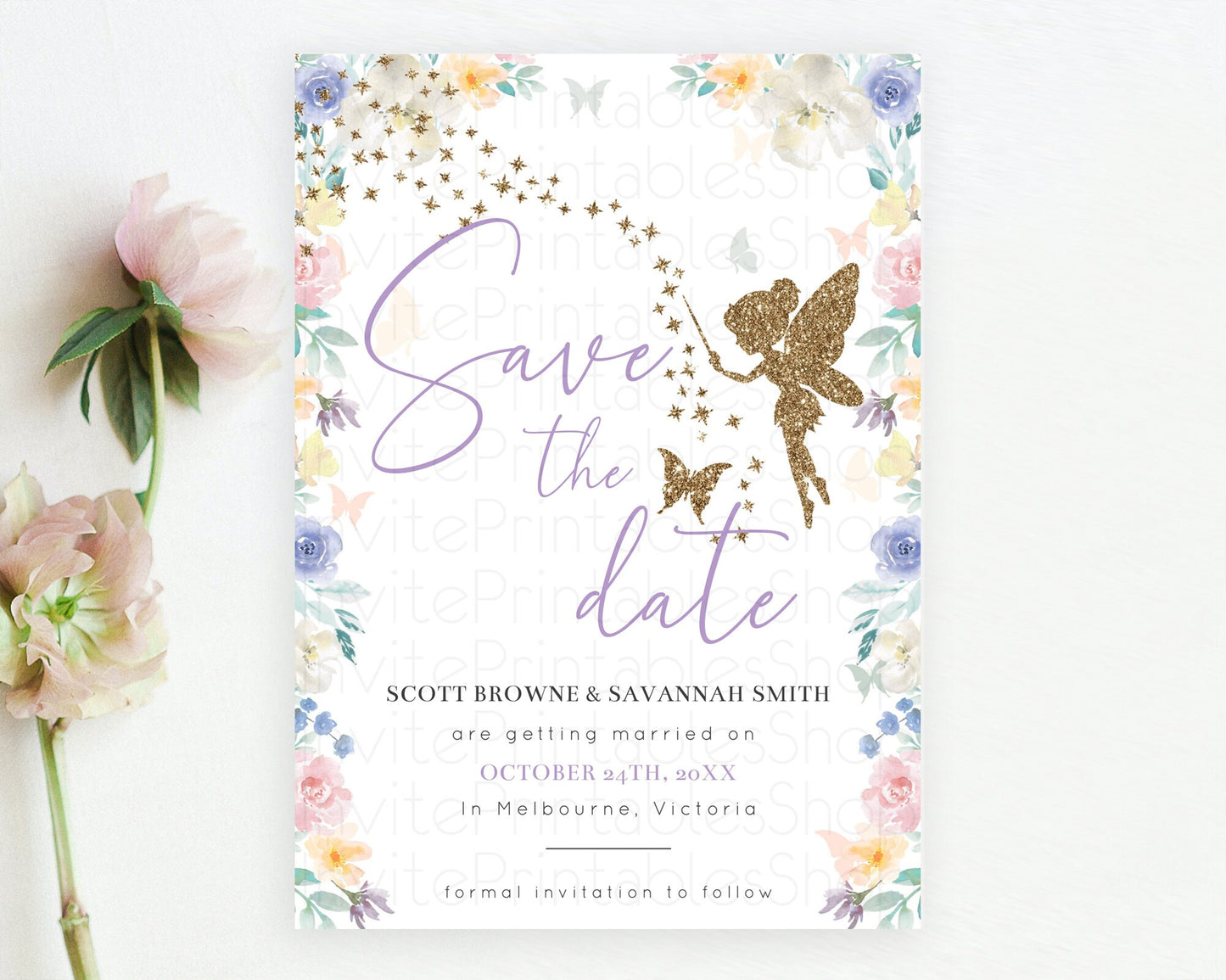 Fairy Save The Date Template Enchanted Garden Pastel Floral Butterfly Party Secret Garden Birthday Baptism Baby Shower Bridal Shower D10761