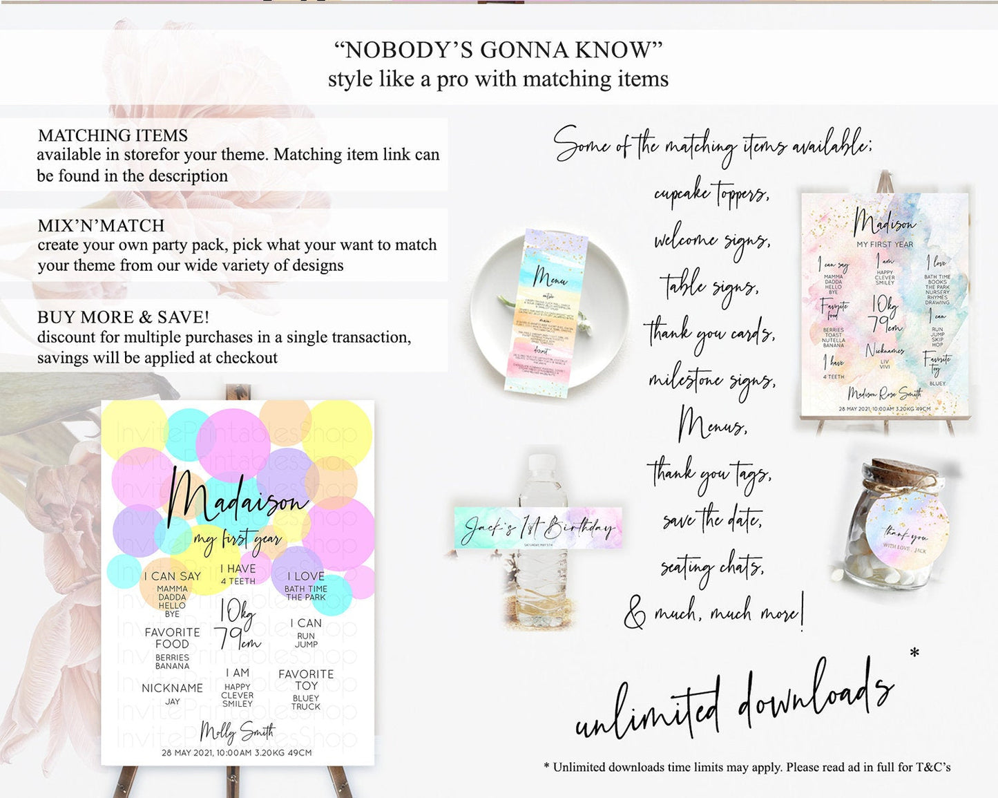 Pastel First Birthday Milestone Poster Pastel Rainbow Confetti First Birthday Milestone Board Colorful Bubbles Birthday Welcome Sign D10407