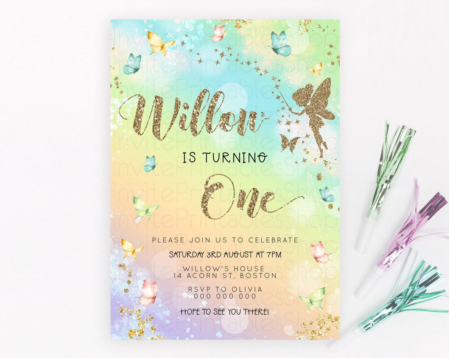 Pastel Fairy Birthday Invitation Pastel Butterflies Fairy Birthday Invitation Rainbow Ombre Watercolor 1st 2nd Birthday Invitation D23154