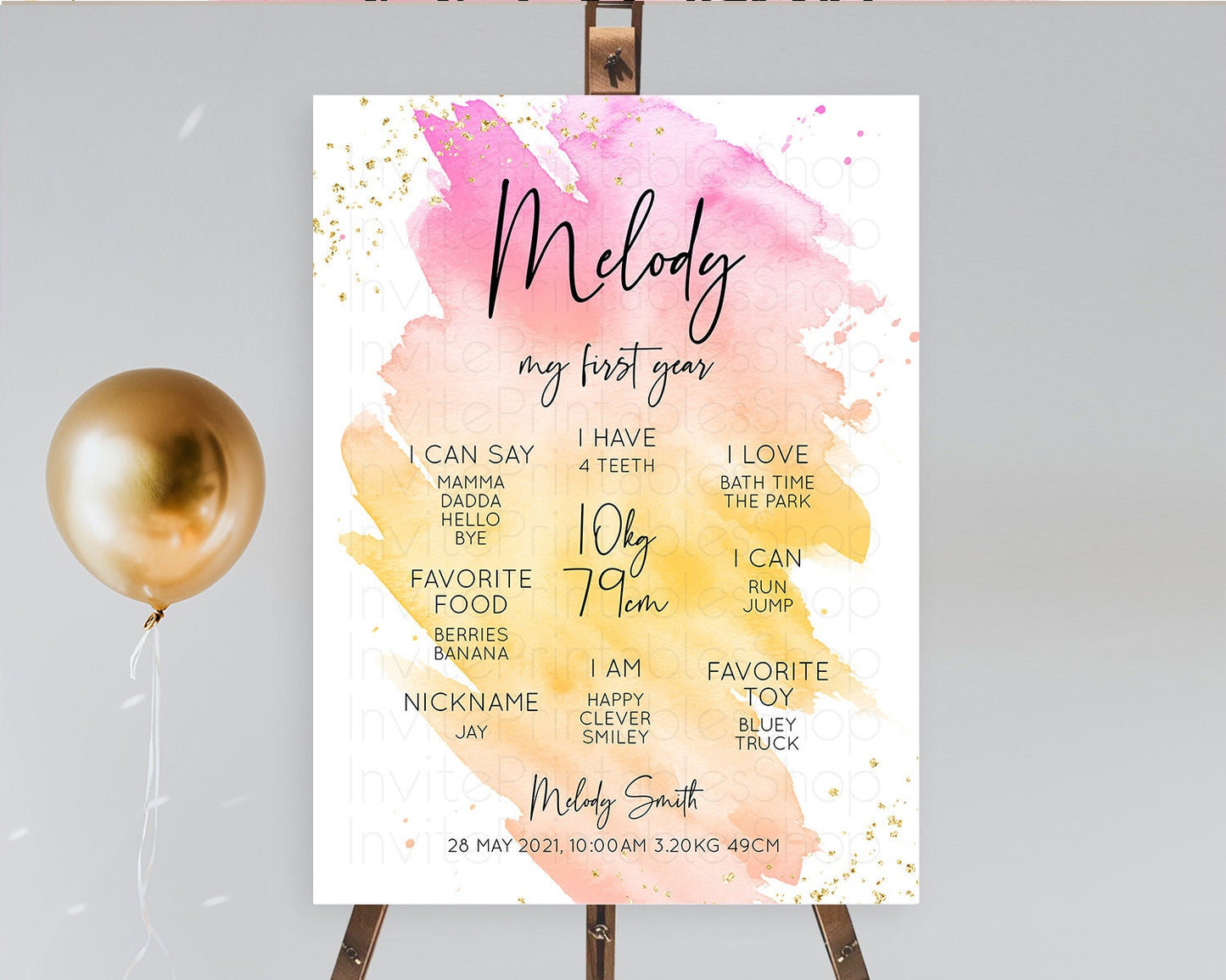 Pastel First Birthday Milestone Board Pastel Rainbow Milestone Poster Colorful Confetti Watercolor Glitter 1st Birthday Welcome Sign D10527