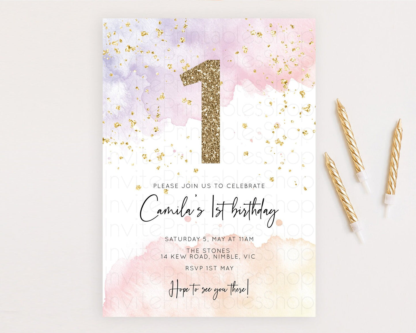 Rainbow Birthday Invitation Colorful Pastel Watercolor Invitation Gold Glitter Sprinkles Ombre Pastel 1st 2nd 3rd Birthday D10327