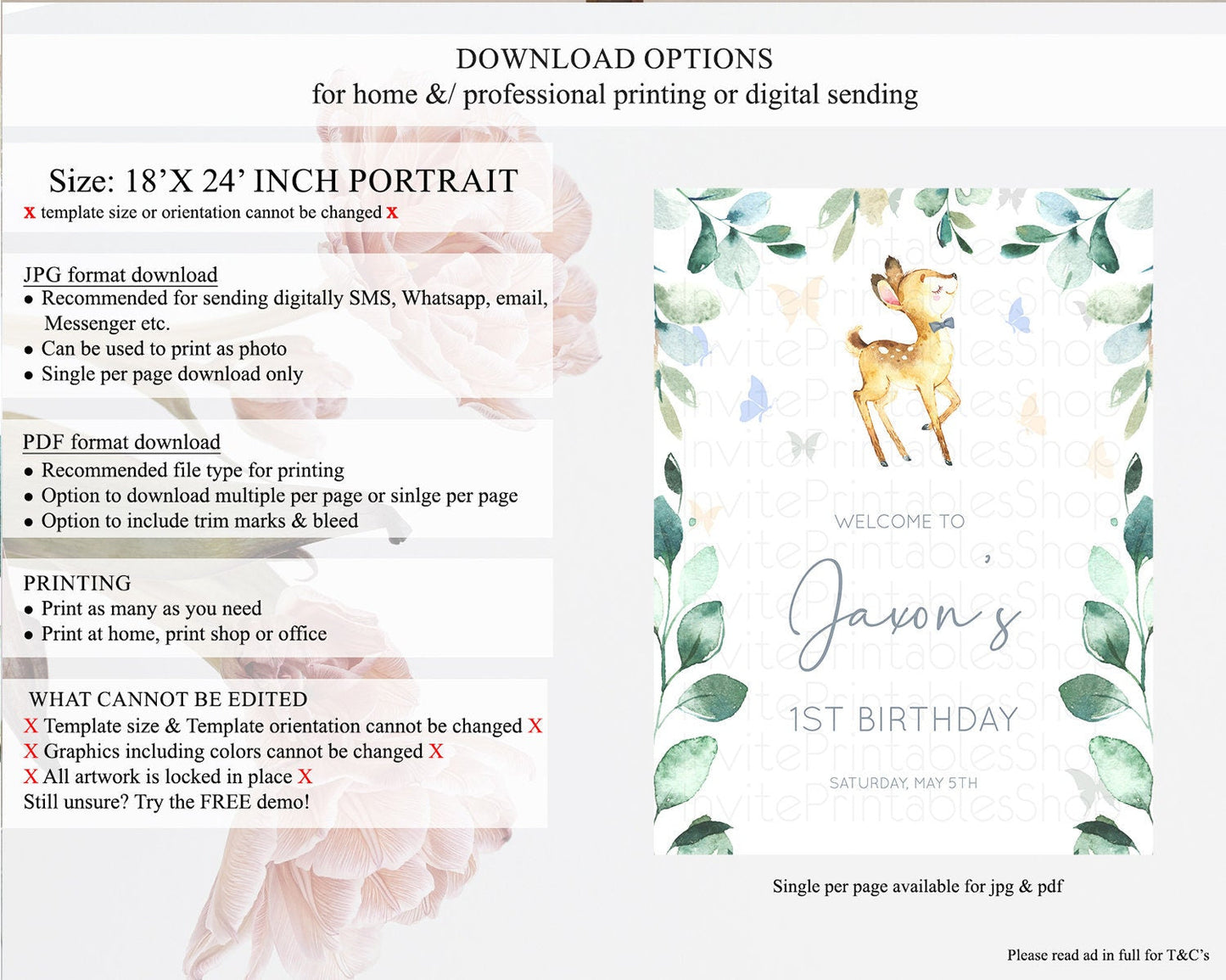 Fawn Welcome Sign Deer Welcome Board Floral Deer Welcome Poster Enchanted Forest Butterfly Pastel Floral First Birthday Welcome Sign D10767