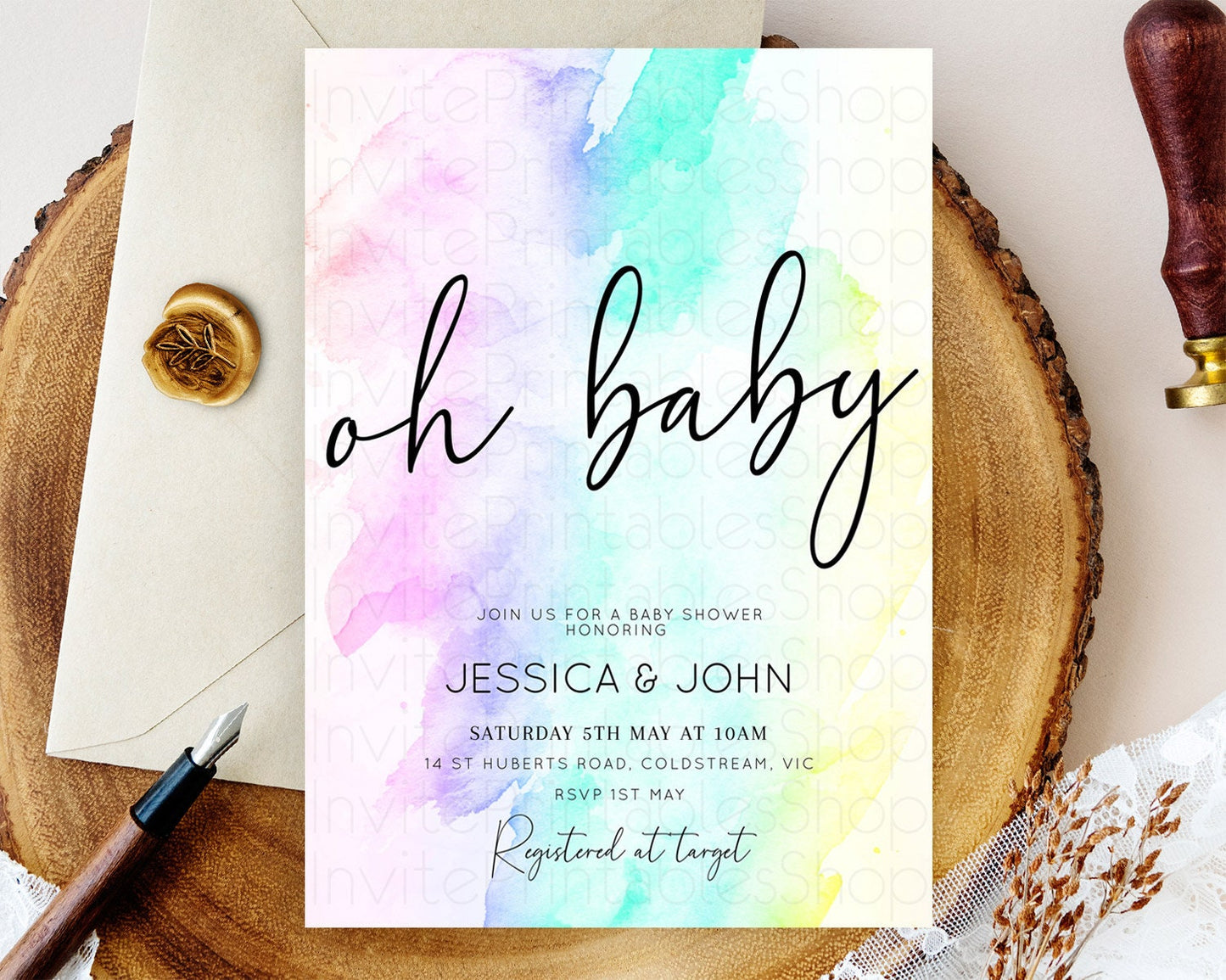 Pastel Rainbow Baby Shower Invitation With Gold Glitter Sprinkles, Colorful Watercolor Ombre Splash in Pink, Teal, and Yellow Theme D10231