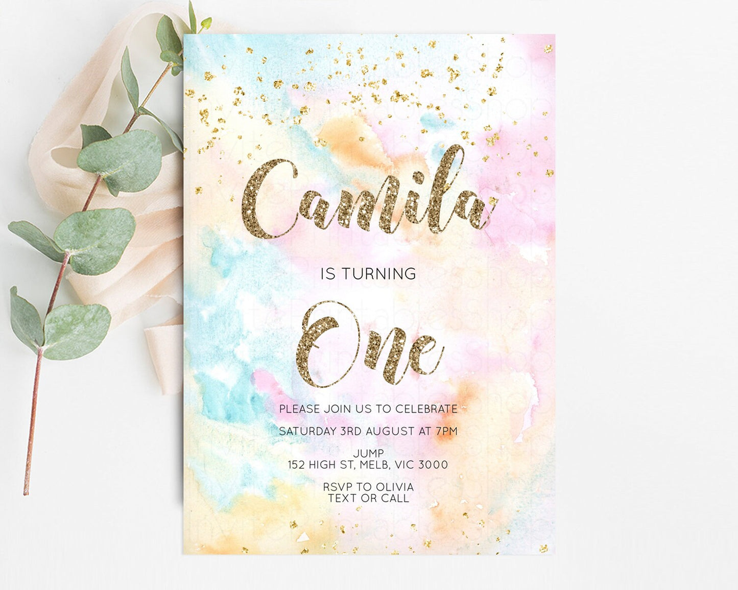 Rainbow Birthday Invitation Glitter Pastel Invitation Colorful Watercolor Gold Foil Splatter Sprinkles Ombre Glitter Invite 1st 2nd 3rd G566