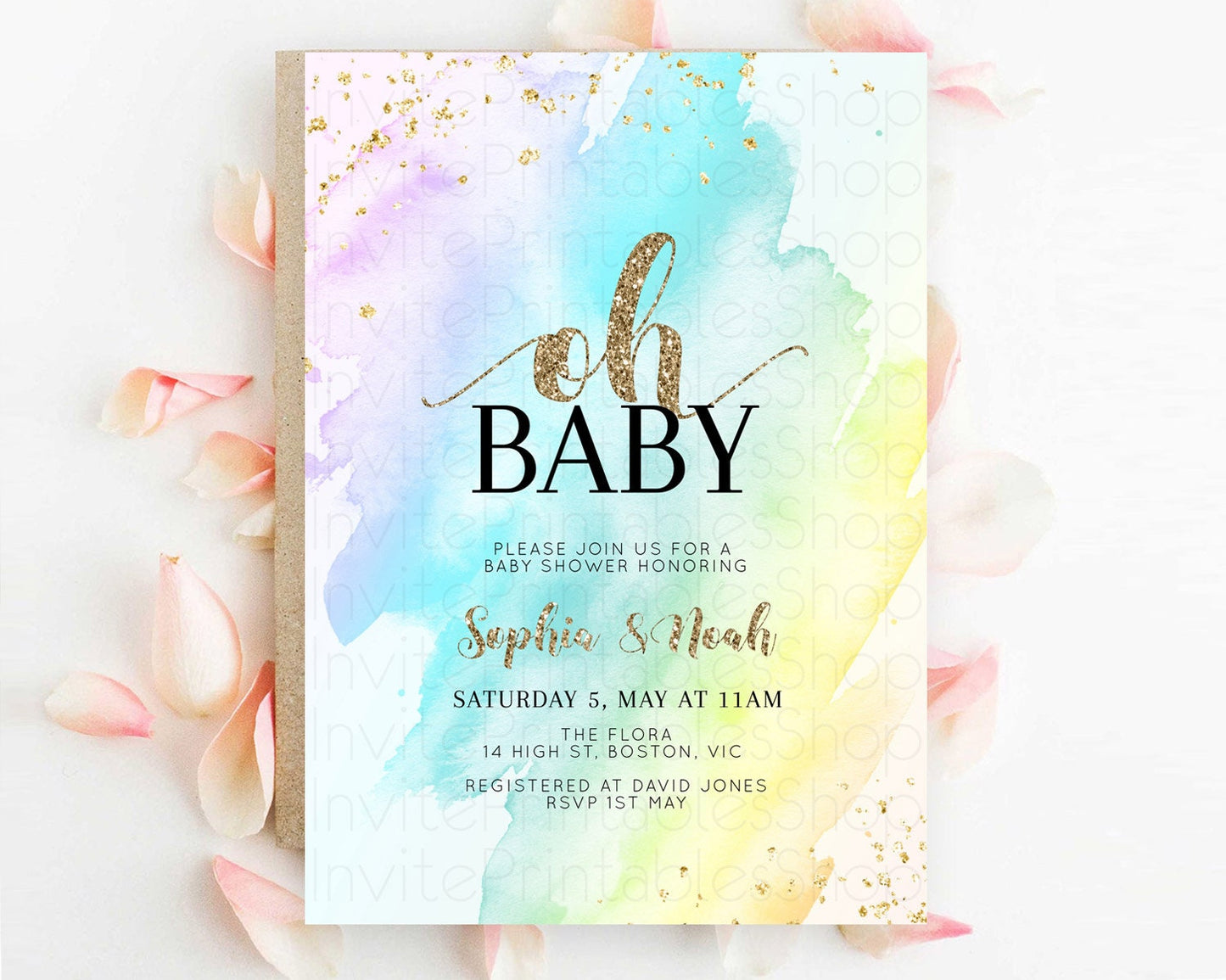 Pastel Baby Shower Invitation Rainbow Baby Shower Invitation Colorful Pastel Watercolor Invitation Gold Glitter Sprinkles Ombre D11026