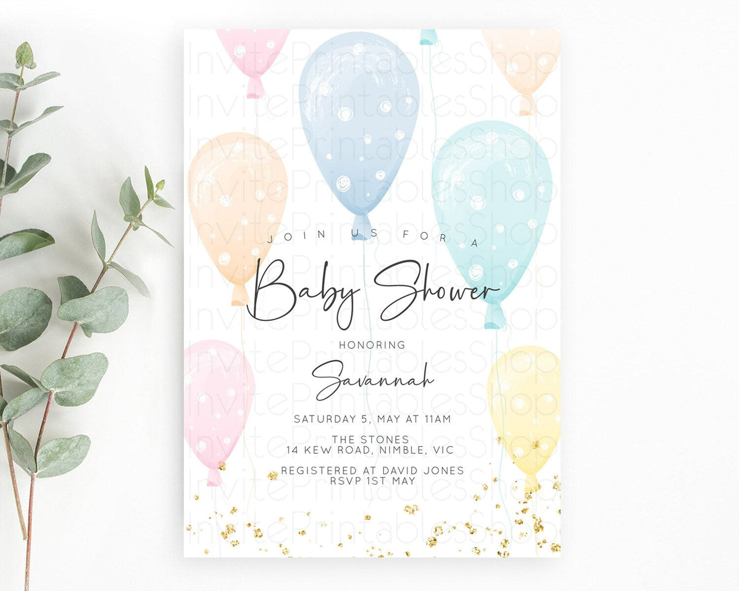 Pastel Rainbow Balloon Baby Shower Invitation, Balloon Invitation, Gender Reveal in Pink, Blue, Yellow, Orange with Gold Sprinkles D10776