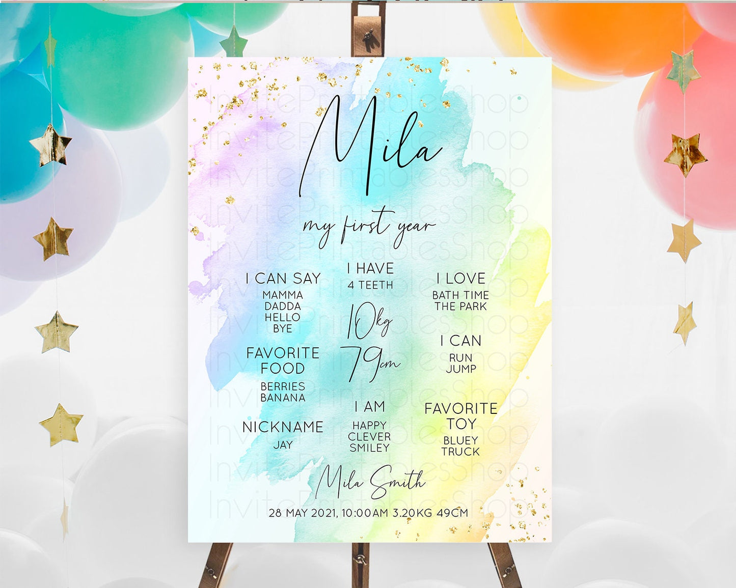 Pastel First Birthday Milestone Board Pastel Rainbow Milestone Poster Colorful Confetti Watercolor Glitter 1st Birthday Welcome Sign D10773