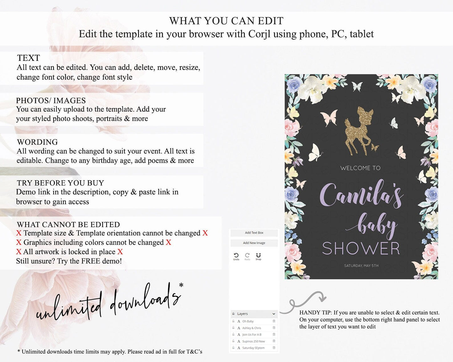 Fawn Baby Shower Welcome Sign Deer Welcome Board Floral Deer Welcome Poster Enchanted Forest Butterfly Pastel Floral Welcome Sign D10880
