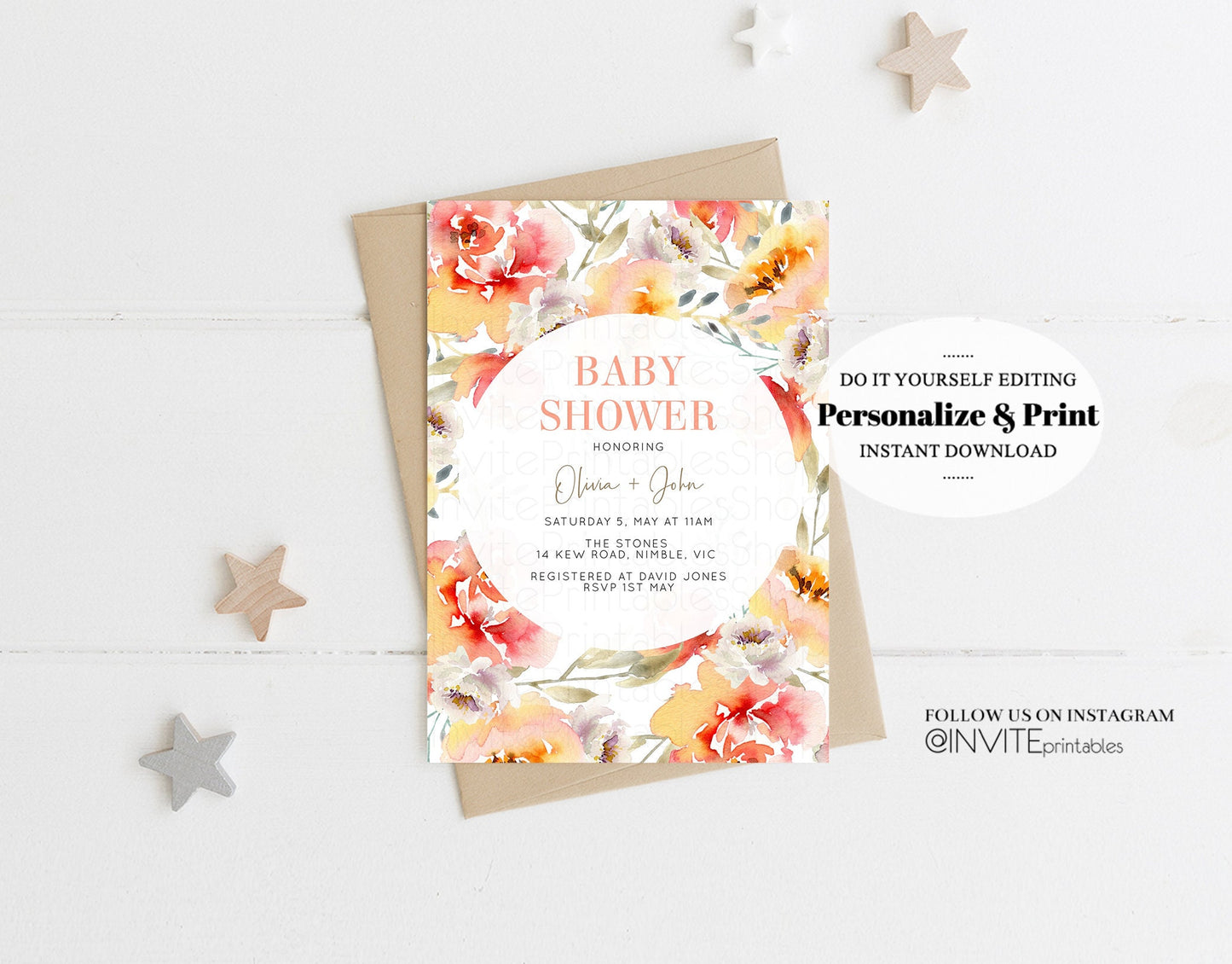 Floral Baby Shower Invitation Watercolor Pink Orange Pink Red Boho Flowers Gender Neutral Spring Summer Modern Editable Invite Template 227