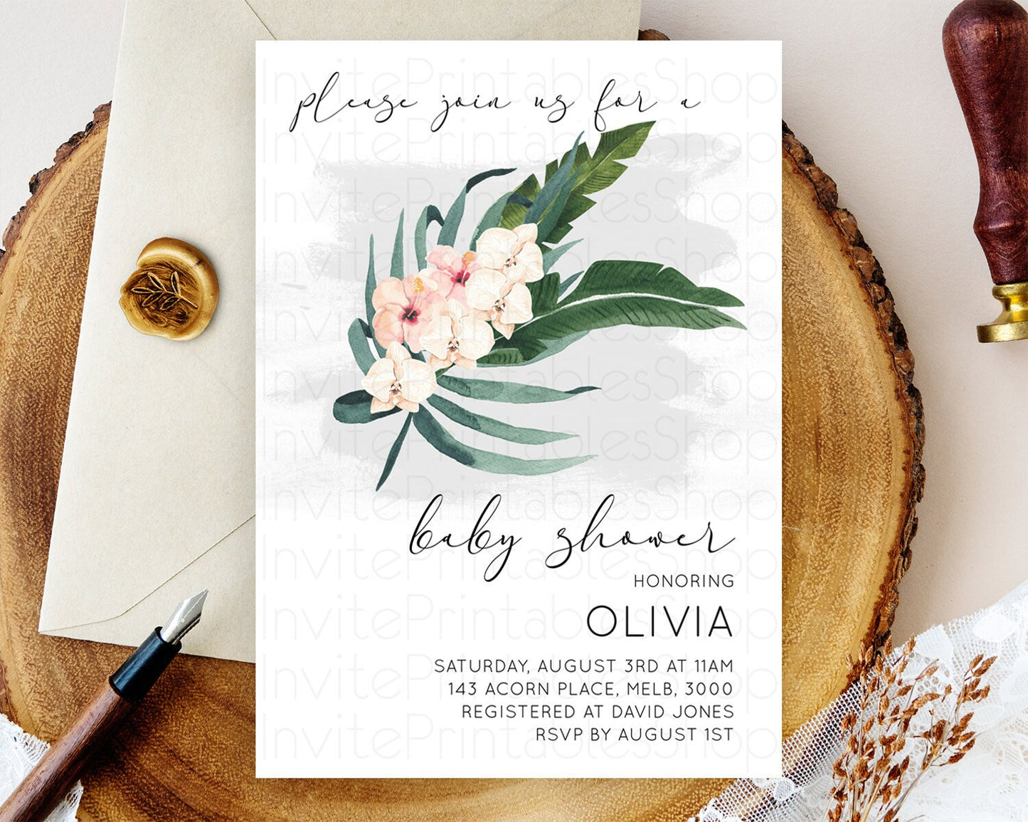 Tropical baby Shower Invitation Tropical Floral Baby Shower Invitation Palm Leaf Fern Invitation Frangipani White Orchid Invitation D11011