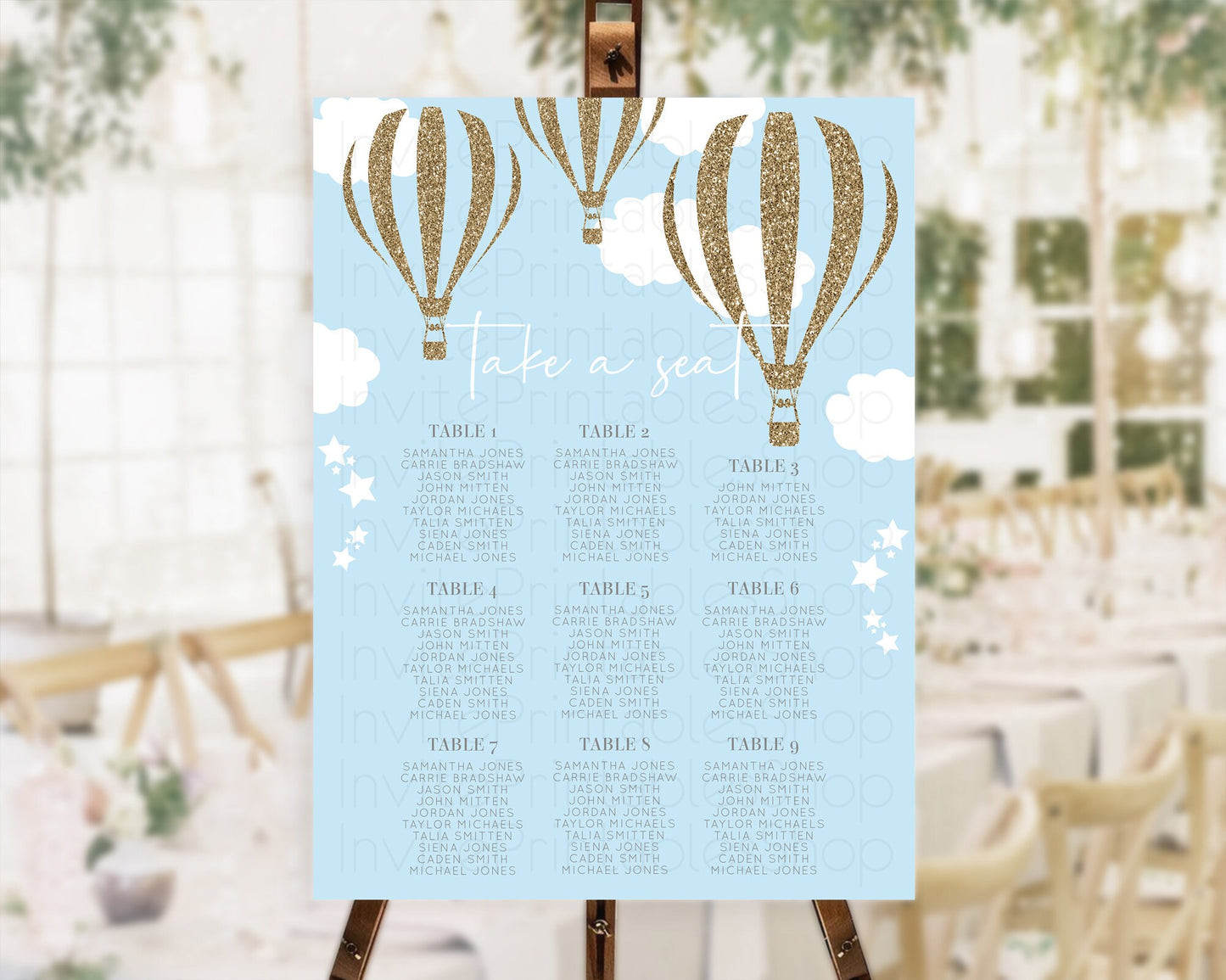 Hot Air Balloon Seating Chart Hot Air Balloon Seating Chart Adventure Awaits Up & Away Glitter Blue Watercolor Seating Take a Seat D10332