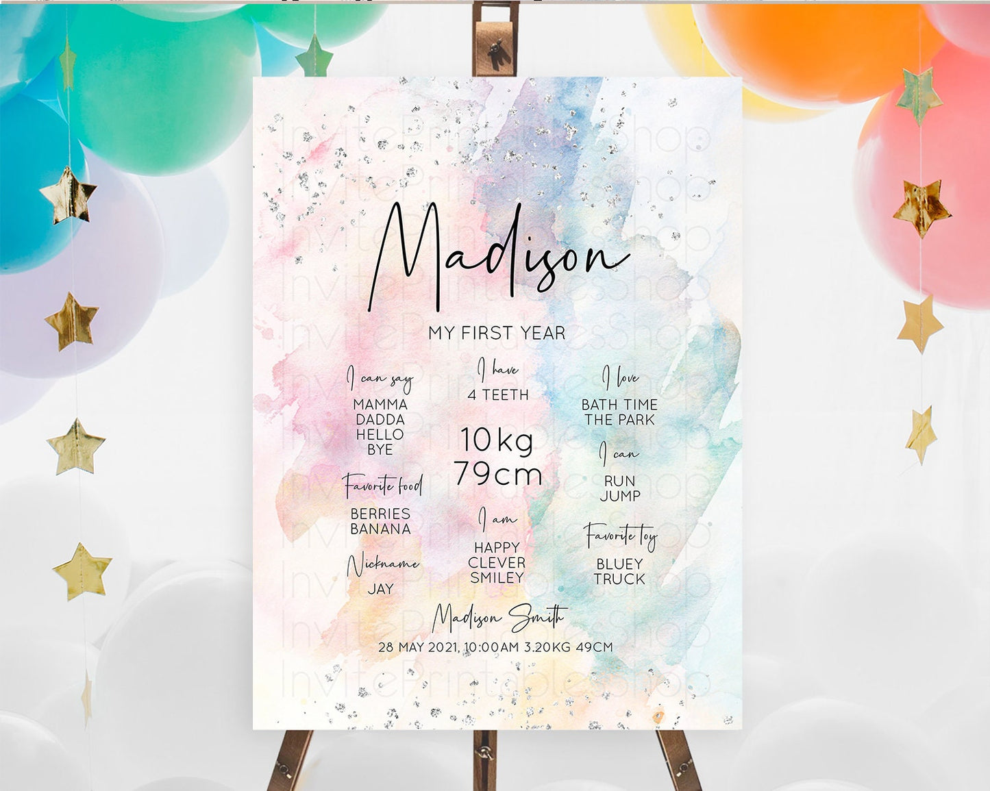 Pastel Rainbow First Birthday Milestone Board Pastel Milestone Poster Colorful Confetti Watercolor Silver 1st Birthday Welcome Sign D10945