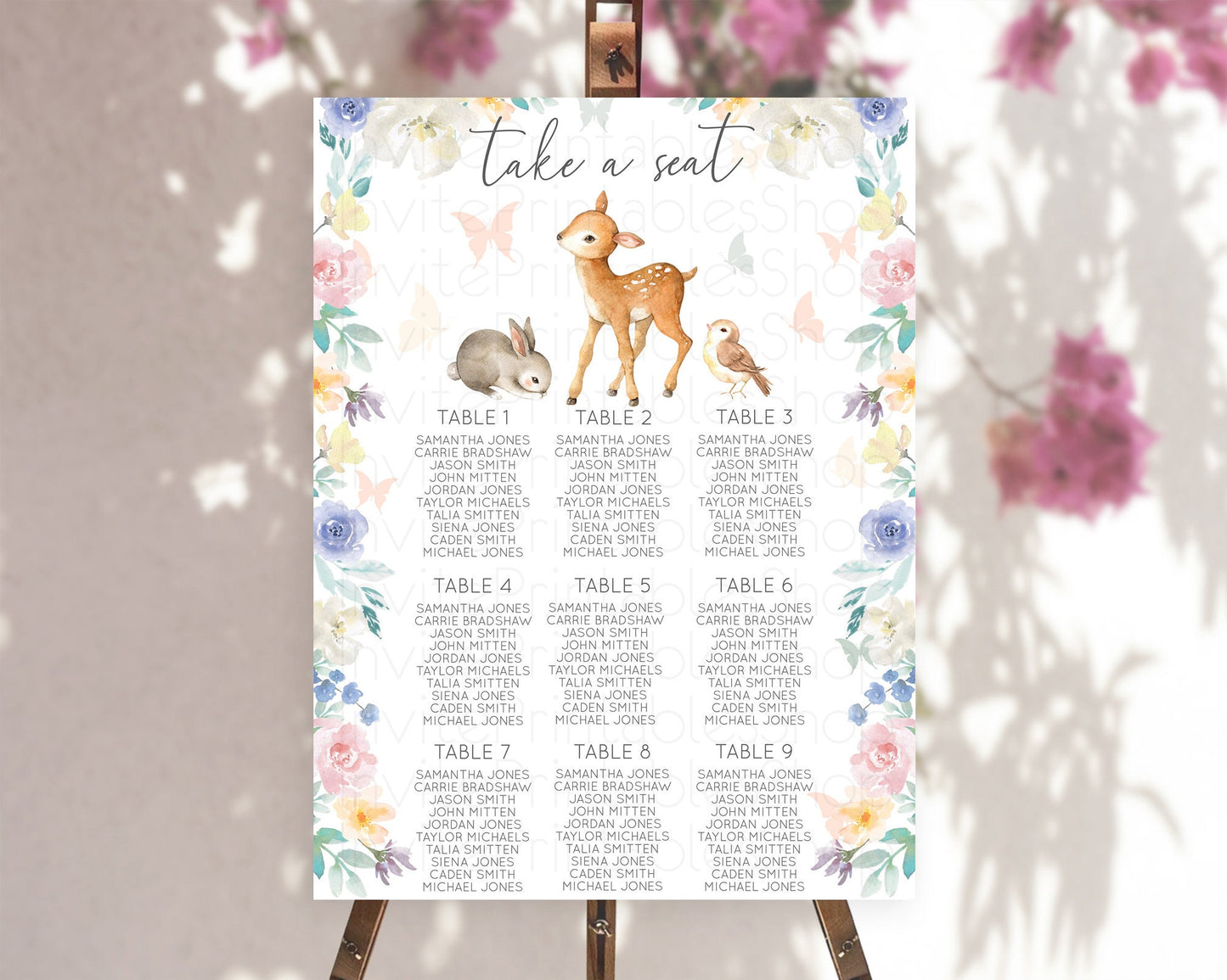 Fawn Seating Chart Deer Seating Chart Enchanted Forest Party Butterfly Pastel Flowers Whimsical Seating Chart Woodland Seating Sign D10930