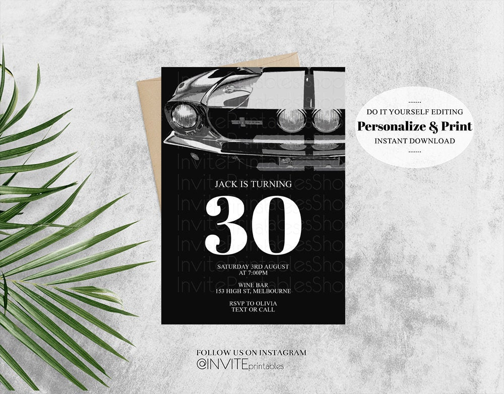 Car Mustang Birthday Invitation, Ford Mustang Invitation, Mustang Invite, Ford Birthday Invitation, Black, Mustang, Ford Black Grey