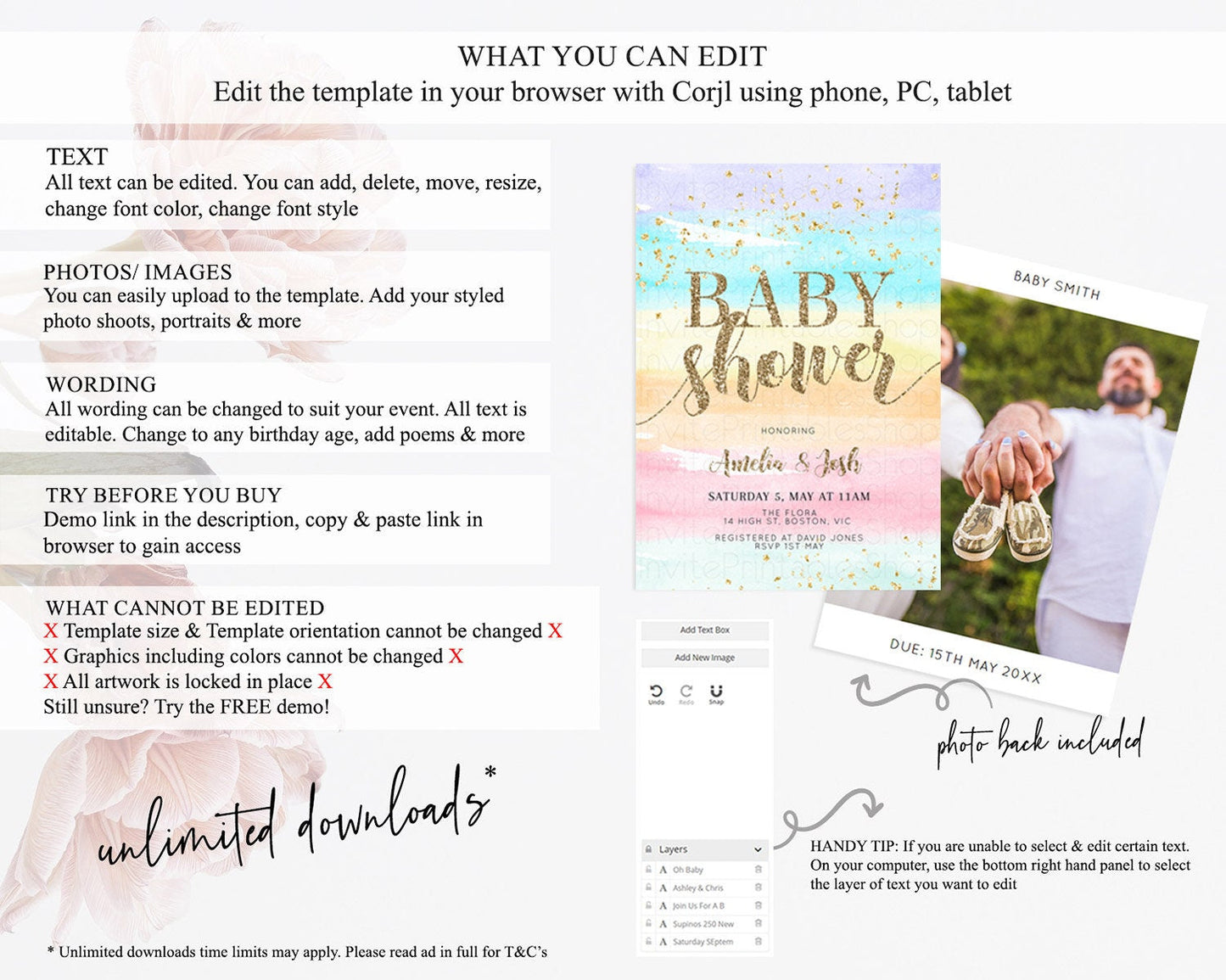 Pastel Baby Shower Invitation Rainbow Baby Shower Invitation Colorful Pastel Watercolor Invitation Gold Glitter Sprinkles Ombre D10508