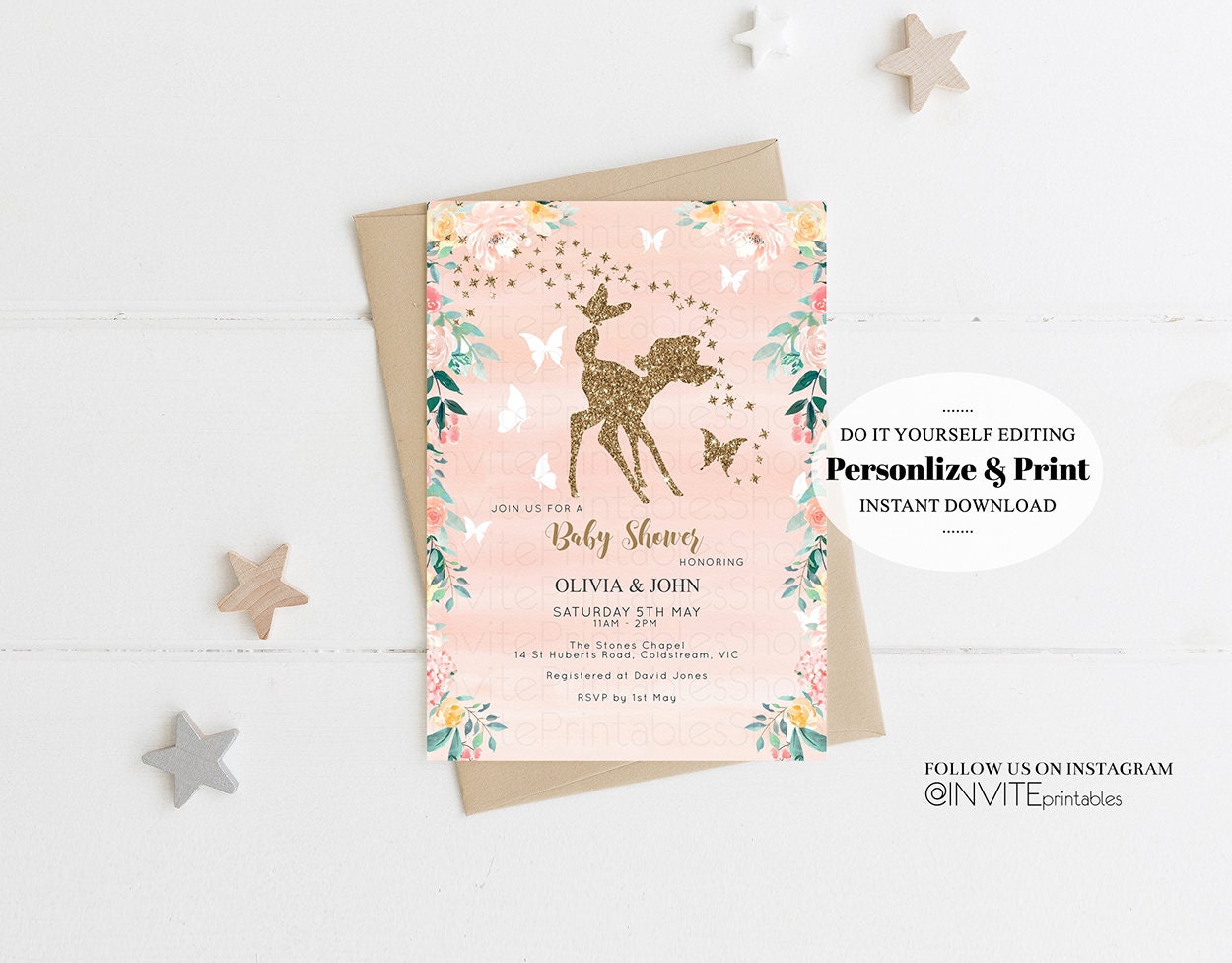 Fawn Baby Shower Invite Deer Baby Shower Invite Deer Invite Fawn Party Invite Pastel Floral Invite Glitter Invite Garden Party Invite