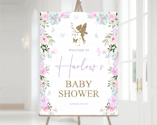 Fairy Welcome Sign Pastel Floral Baby Shower Welcome Sign Colorful Fairy Garden Baby Shower Board Glitter Welcome Purple Pink Floral 513V3