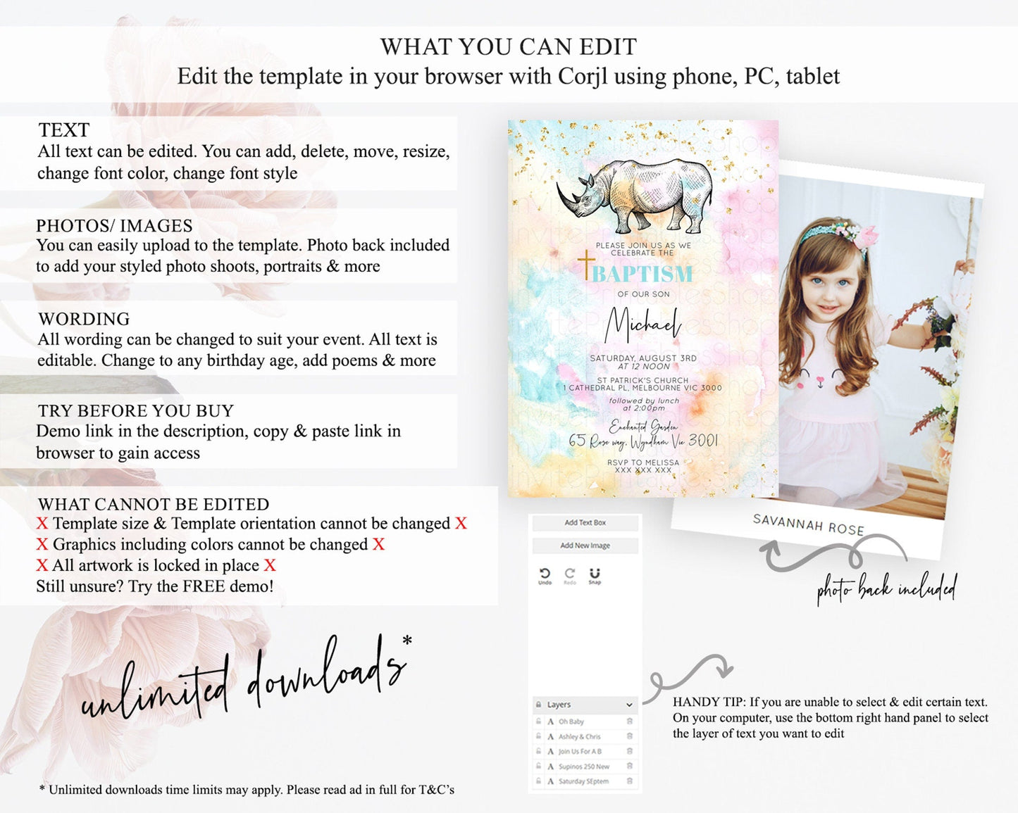 Rhino Baptism Invitation Rhino Baptism 1st Birthday Invitation Rhino Pastel Watercolor Rainbow Christening Invitation Religious D10287
