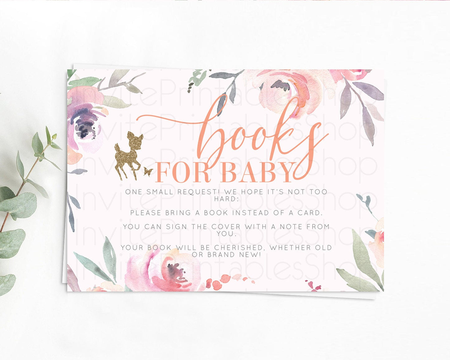 Fawn Books For Baby Card Deer Book Insert Floral Deer Book Card Enchanted Forest Butterfly Pastel Baby Shower Book Poem Request D10196