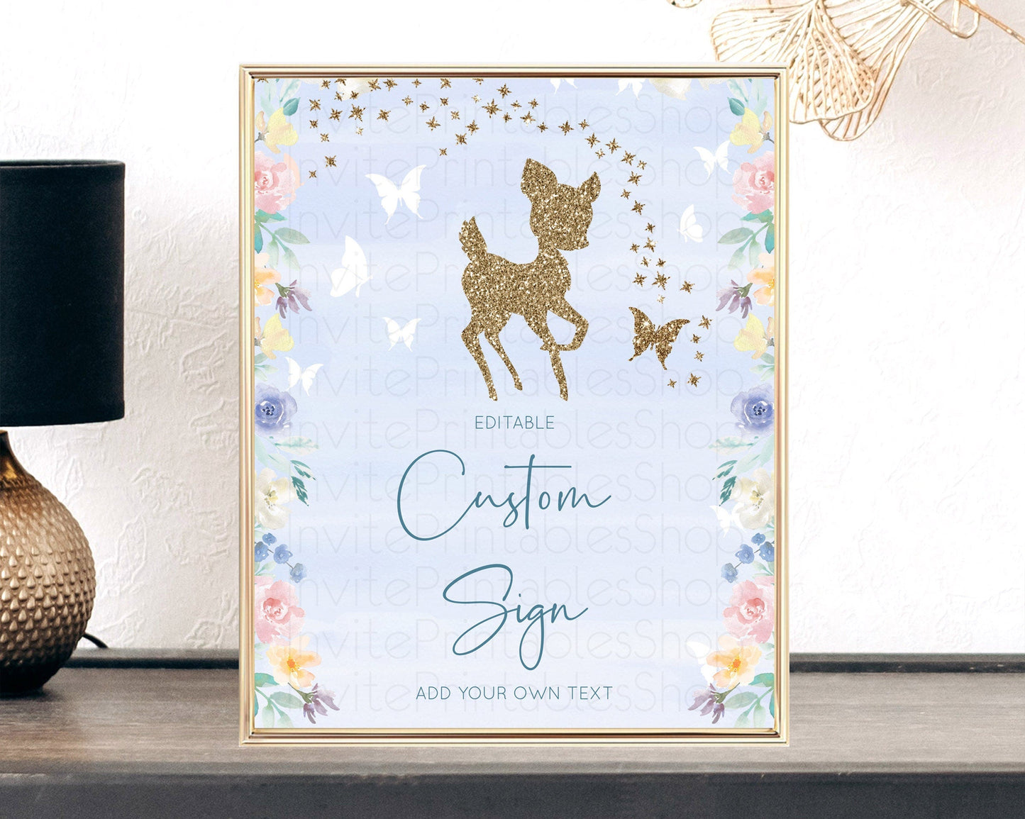 Fawn Deer Sign Pastel Floral Deer Table Sign Decor Enchanted Forest Butterfly Party 1st Birthday Baptism Baby Shower Bridal Shower D10879