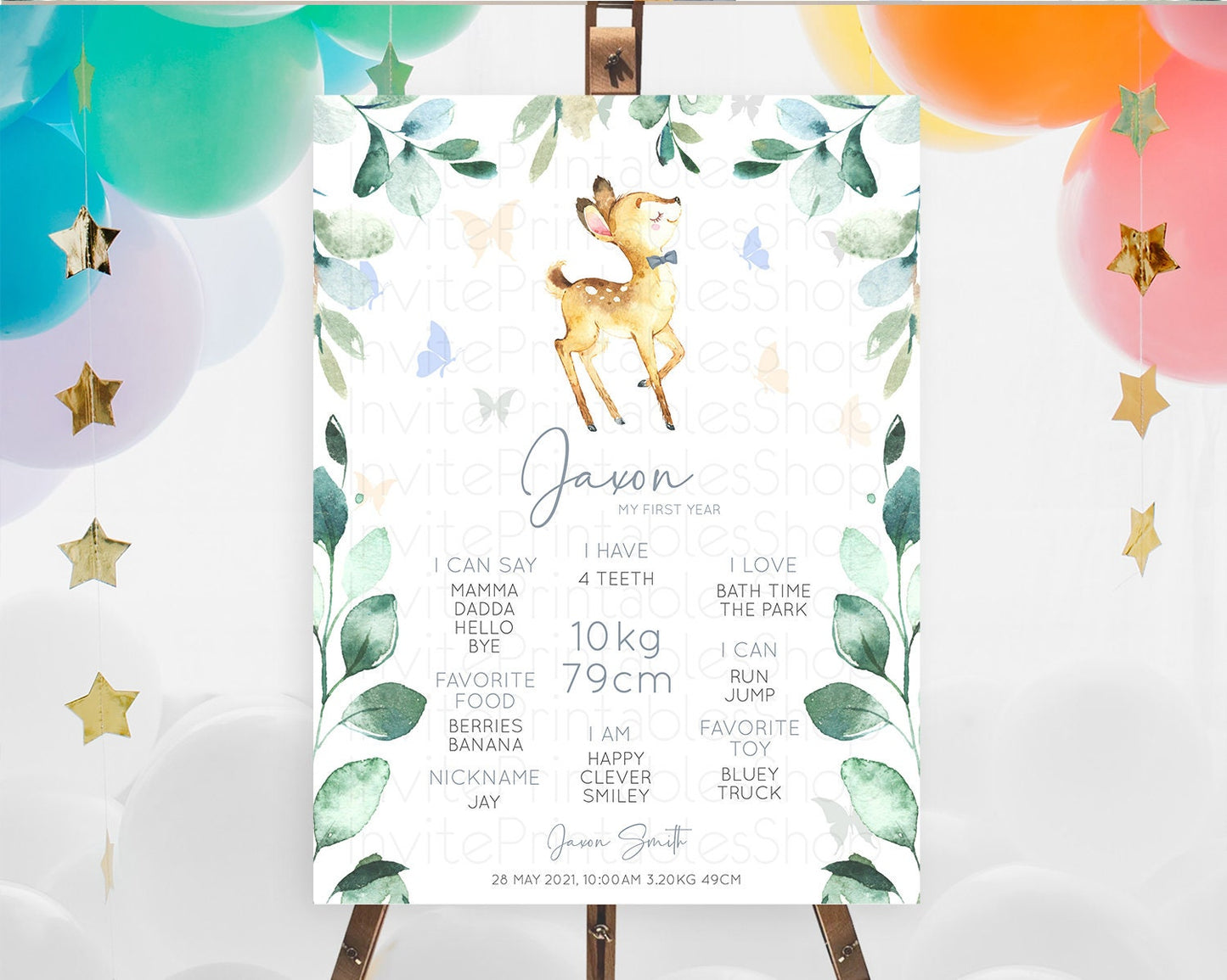 Fawn First Birthday Milestone Board Deer First Birthday Milestone Poster Enchanted Forest Butterfly Pastel Flowers 1st Birthday Sign D10767