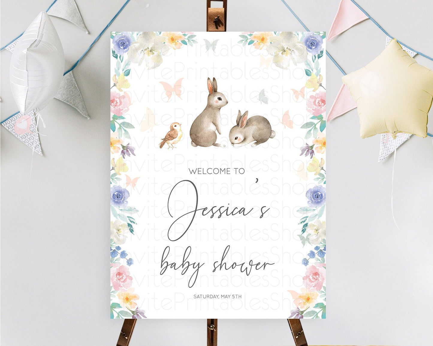 Bunny Baby Shower Welcome Sign Floral Bunny Welcome Board Pastel Flowers Woodland Bunny Welcome Poster Forest Bunny Welcome Sign D10928