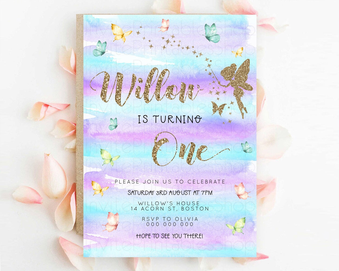Pastel Fairy Birthday Invitation Pastel Butterflies Fairy Birthday Invitation Rainbow Ombre Watercolor 1st 2nd Birthday Invitation D23311