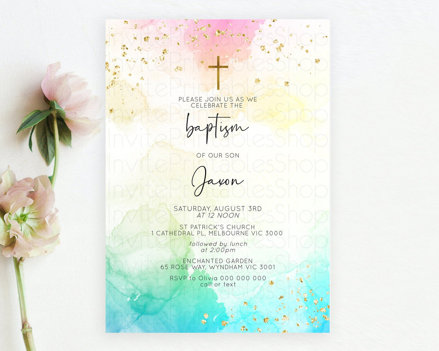 Pastel Baptism Invitation Pastel Colors Watercolor Baptism 1st Birthday Party Gold Ombre Pastel Rainbow Christening Holy Communion D10151