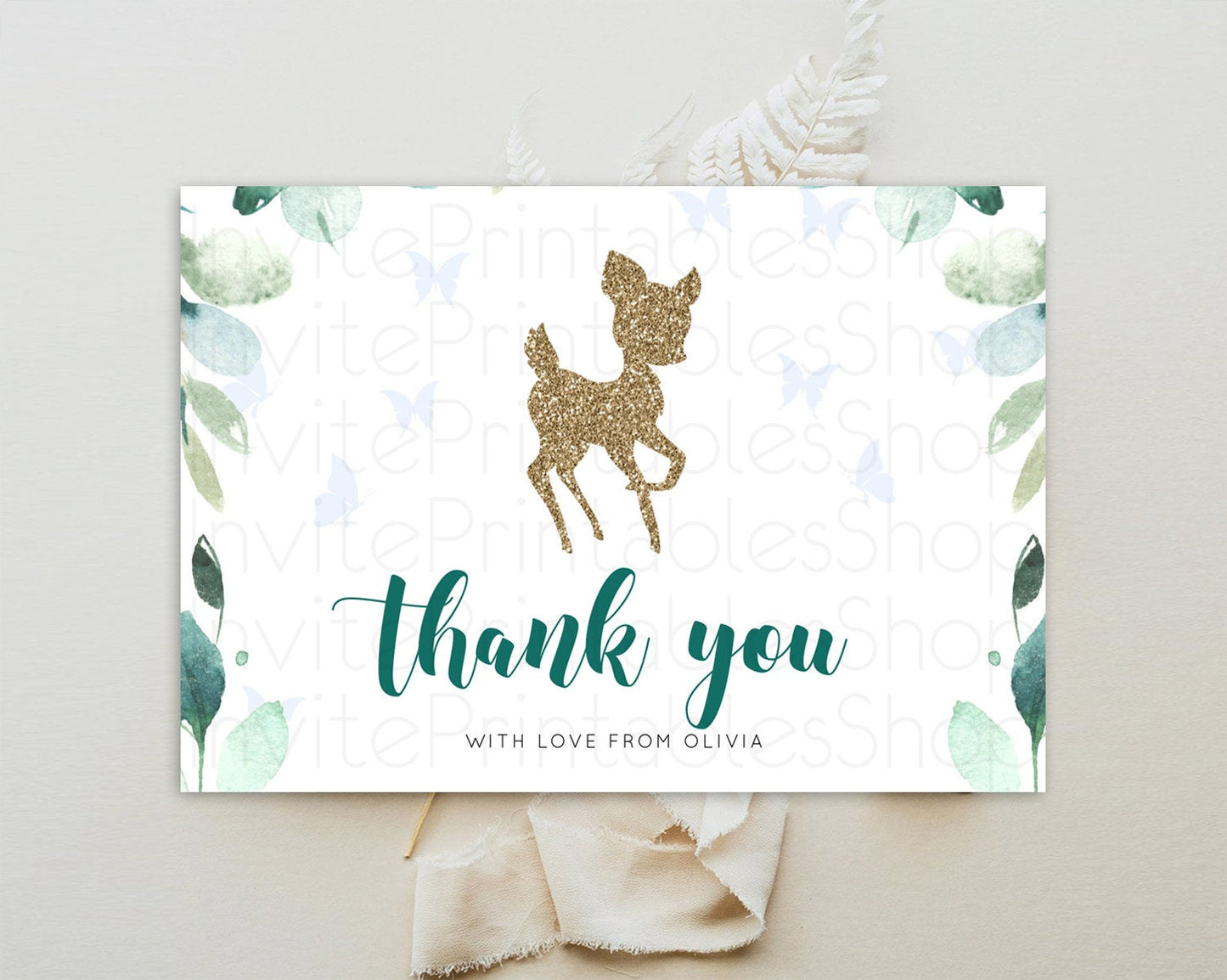 Fawn Thank You Deer Thank You Card Pastel Floral Deer Birthday Thank You Card Enchanted Forest Butterfly Deer Teacher Thank You Card D10882