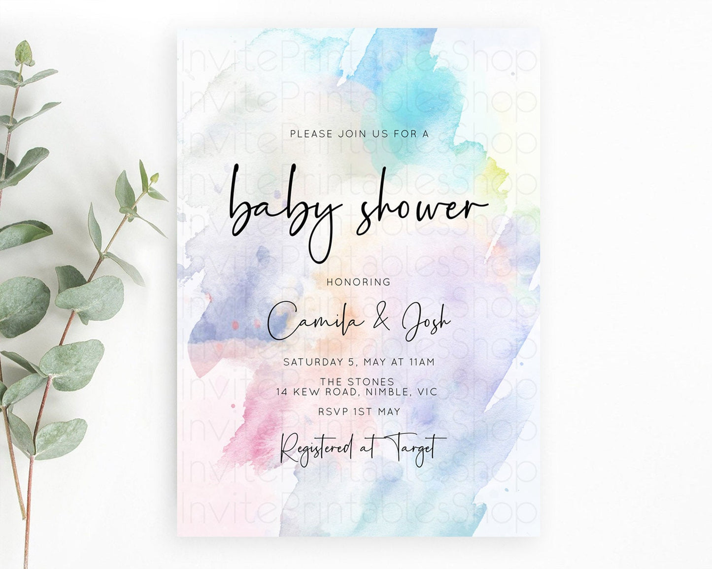 Pastel Baby Shower Invitation Rainbow Baby Shower Invitation Colorful Pastel Watercolor Invitation Gold Glitter Sprinkles Ombre D10585