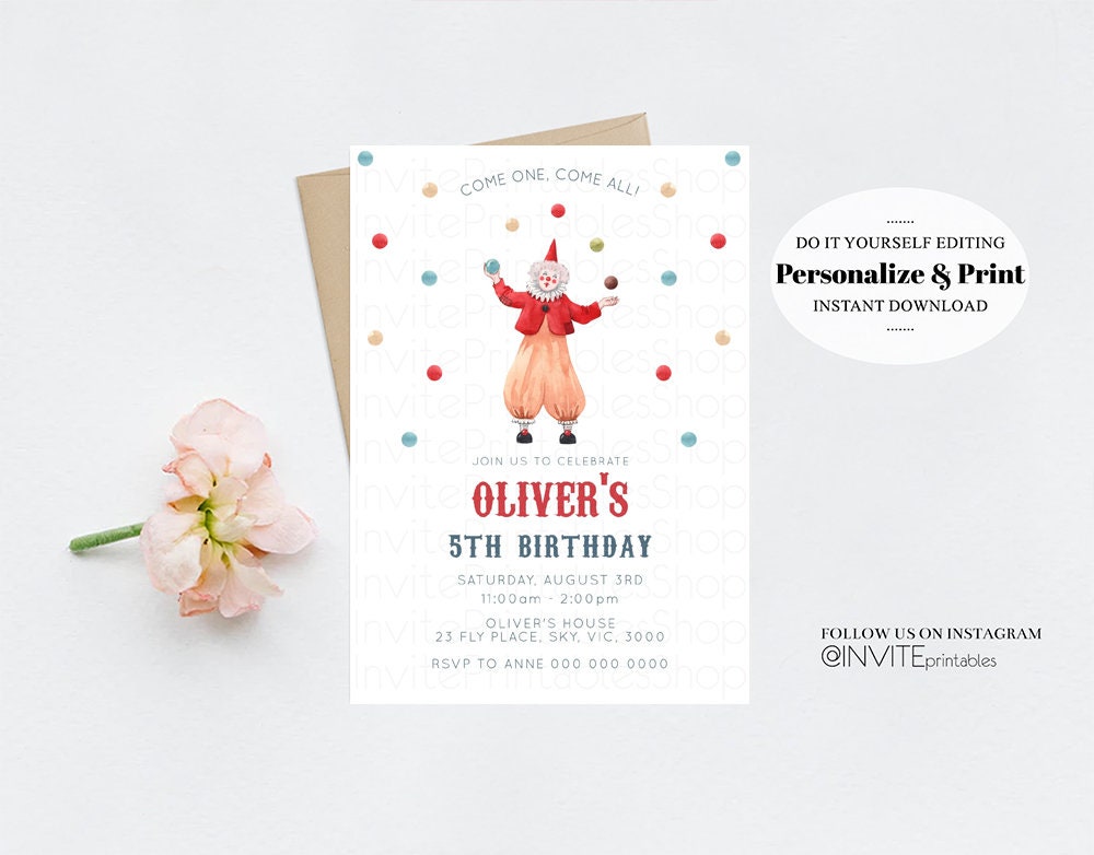 Circus Birthday Invitation Circus Clown Invite Come One Come All Circus Tent Jester Tricks Juggling Balls Ringmaster Colorful Red Blue