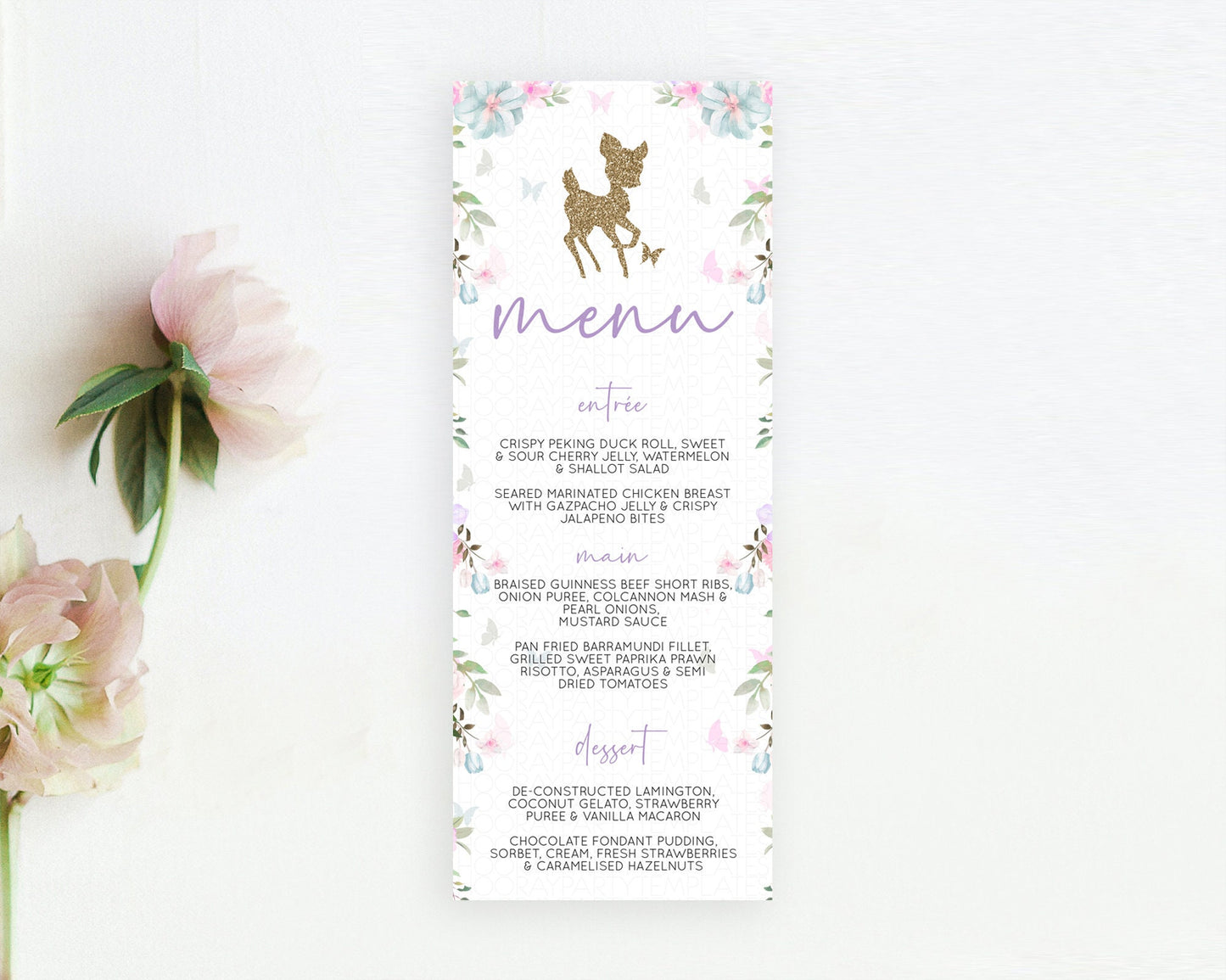 Fawn Menu Deer Menu Template Pastel Floral Deer Table Decor Enchanted Forest Butterfly Floral Dinner Dessert Menu Party Food Menu D10476