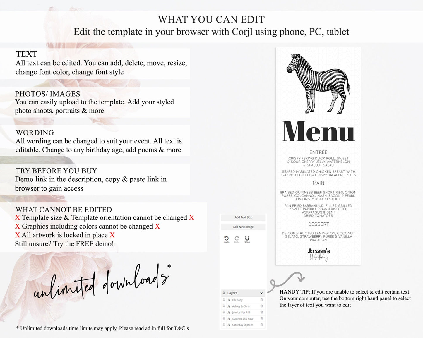 Zebra Menu Zebra Menu Template Zebra Party Table Decor Safari Adventure Decor Zebra Dinner Dessert Menu Party Food Menu D10249