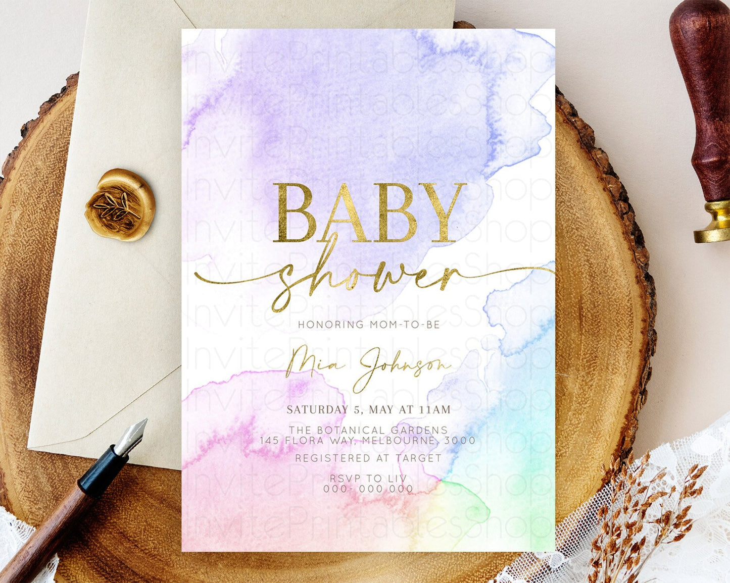 Pastel Baby Shower Invitation Rainbow Baby Shower Invitation Colorful Pastel Watercolor Invitation Gold Glitter Sprinkles Ombre D10215