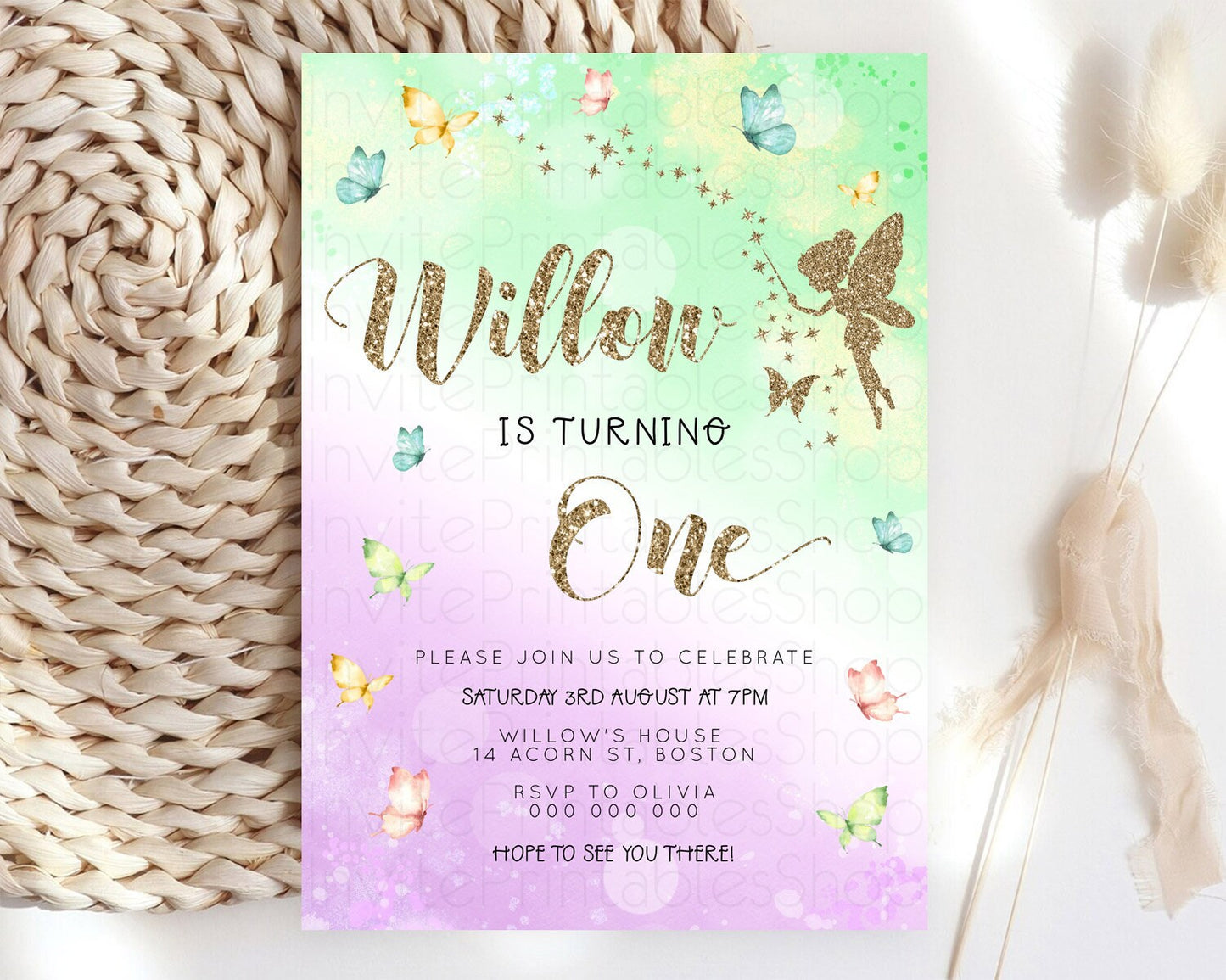 Pastel Fairy Birthday Invitation Pastel Butterflies Fairy Birthday Invitation Rainbow Ombre Watercolor 1st 2nd Birthday Invitation D23157