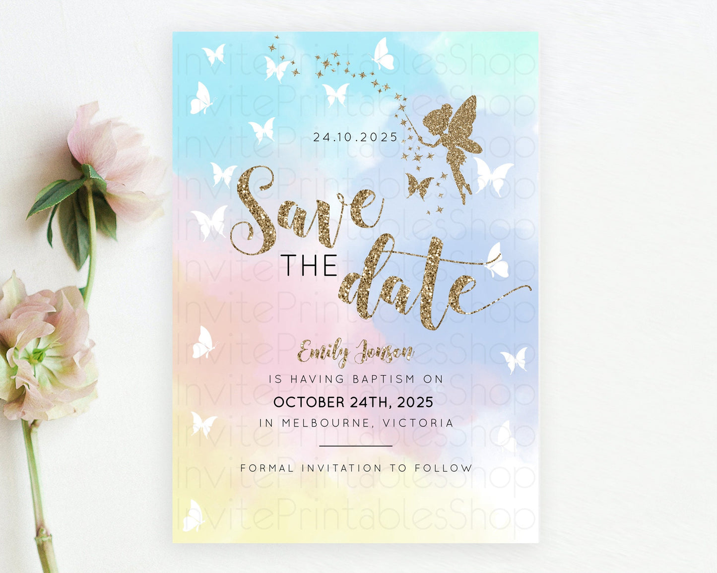 Fairy Save The Date Template Enchanted Garden Pastel Floral Butterfly Party Secret Garden Birthday Baptism Baby Shower Bridal Shower D10894