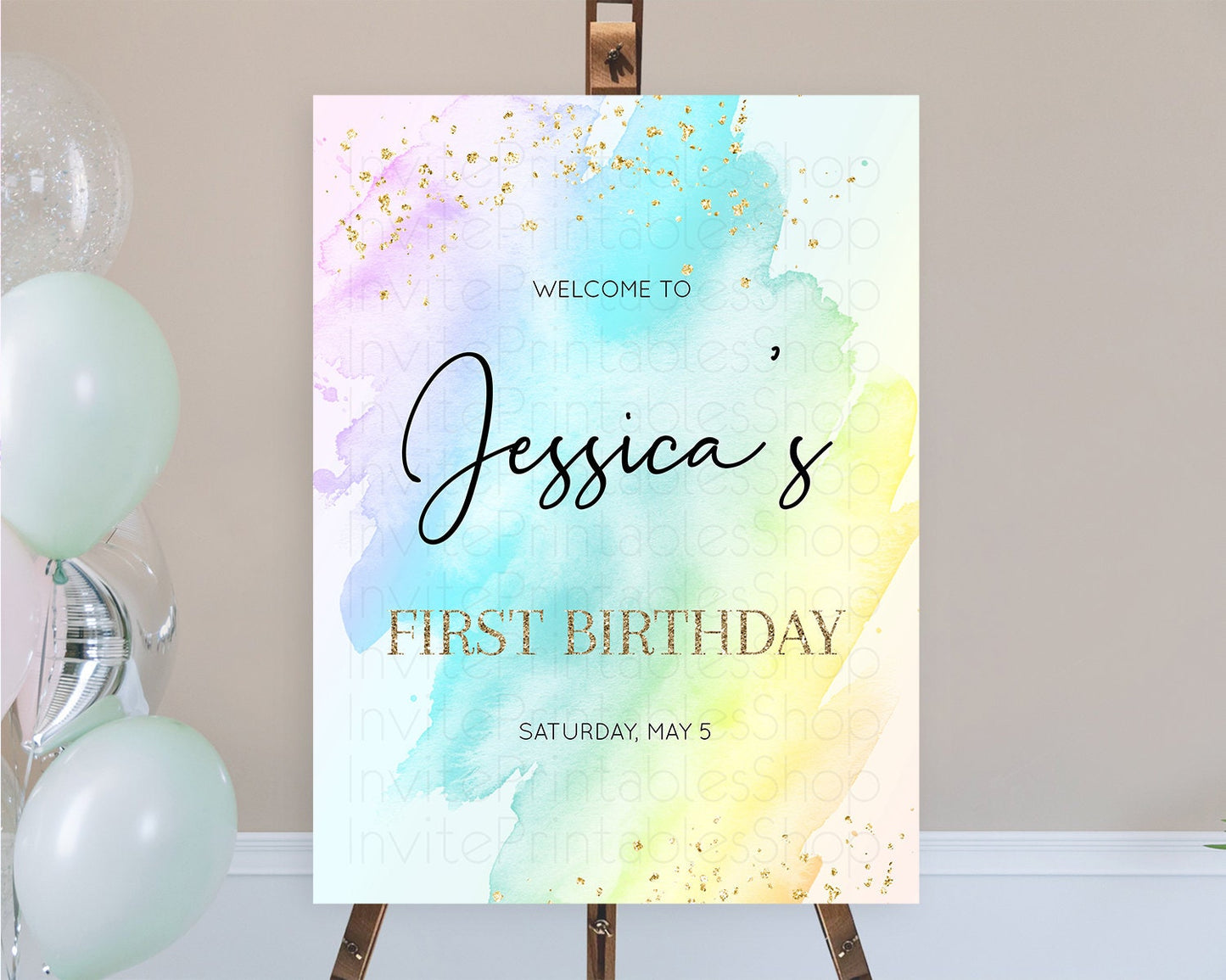 Pastel Welcome Sign Pastel Rainbow Welcome Sign Colorful Rainbow Confetti Watercolor Glitter Pastel First Birthday Welcome Sign D10171