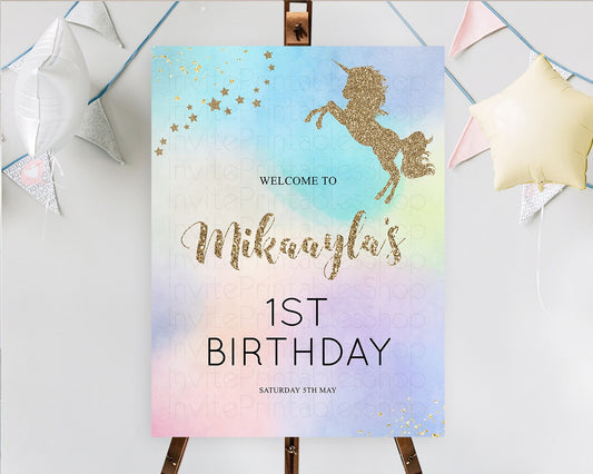 Editable Unicorn Rainbow Birthday Welcome Board Pastel Unicorn Welcome Sign