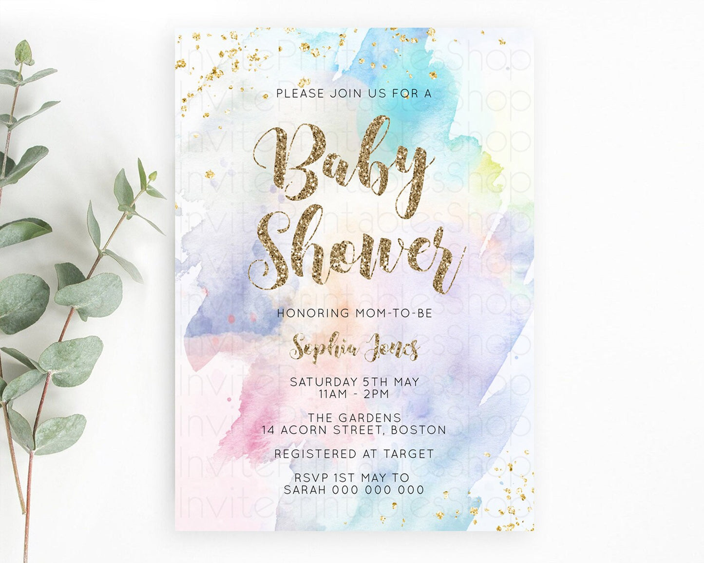 Pastel Baby Shower Invitation Rainbow Baby Shower Invitation Colorful Pastel Watercolor Invitation Gold Glitter Sprinkles Ombre D10421