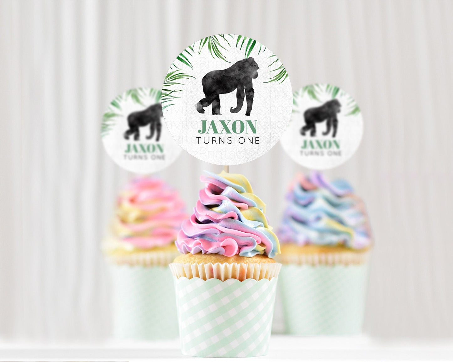 Gorilla Cupcake Toppers Jungle Gorilla Cupcake Gorilla Party Decor Gorilla Jungle Adventure Zoo Green Palm Leaf Fern First Birthday D10840