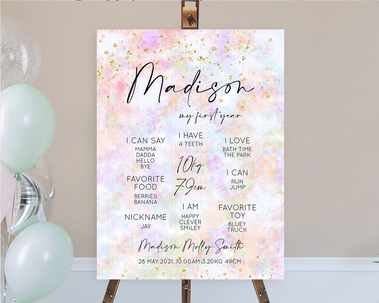Pastel First Birthday Milestone Board Pastel Rainbow Milestone Poster Colorful Confetti Watercolor Glitter 1st Birthday Welcome Sign D10649