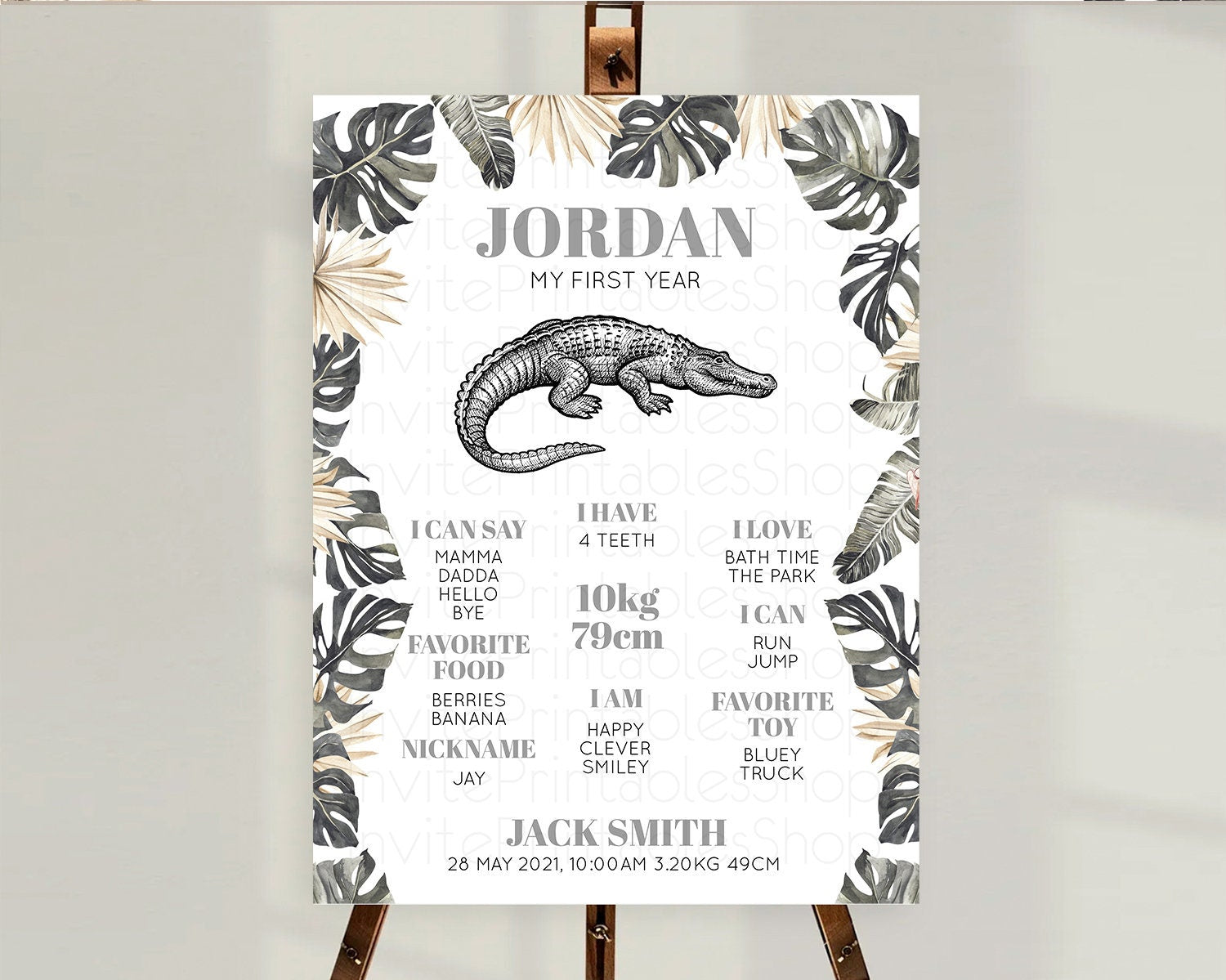 Editable Crocodile First Birthday Milestone Board Alligator Milestone Poster