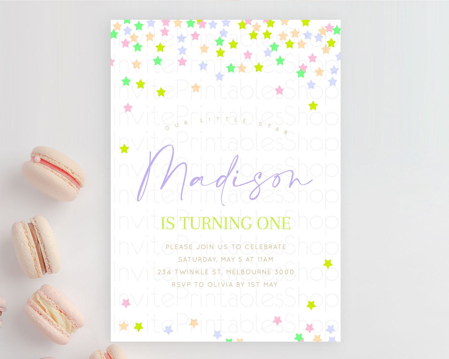 Star Birthday Invitation Pastel Stars Invite Shooting Star Party Rainbow Colorful Confetti Twinkle Little Star 2nd First Birthday D10396