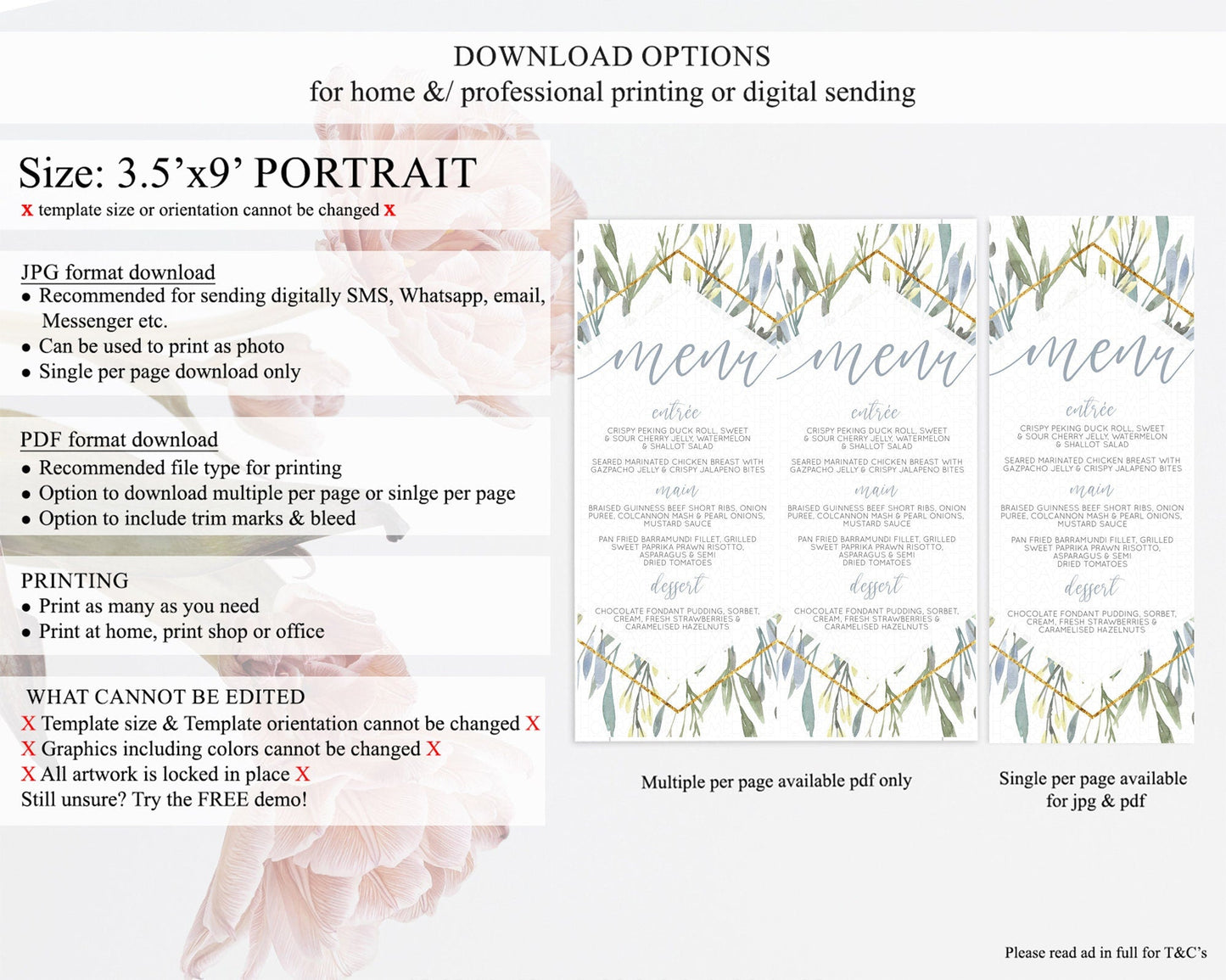 Leafy Menu Green Leaf Menu Template Eucalyptus Fern Leaves Decor Watercolor Boho Garden Leaf Branch Dinner Dessert Party Food Menu D10532
