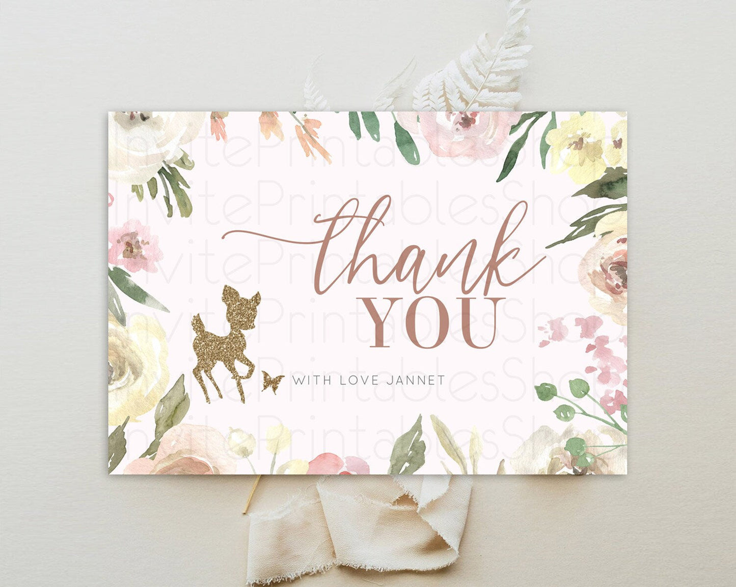 Fawn Thank You Deer Thank You Card Pastel Floral Deer Birthday Thank You Card Enchanted Forest Butterfly Deer Teacher Thank You Card D10193