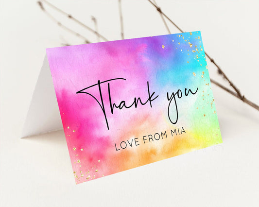 Pastel Rainbow Thank you Colorful Watercolor Folded Gift Cards Custom Note Message Glitter Birthday Engaged Baby Shower Wedding Guests 509